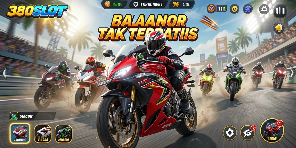 Screenshot game 380SLOT menampilkan aksi balapan motor yang seru.