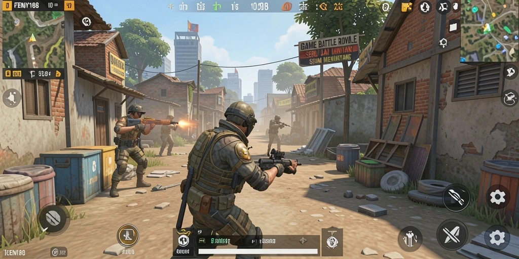 Screenshot gameplay menunjukkan aksi intense dalam FENDY188 Battle Royale.