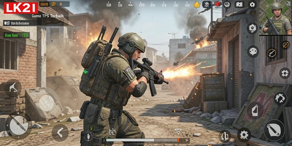 Screenshot utama gameplay LK21 menampilkan aksi seru dalam pertempuran TPS.