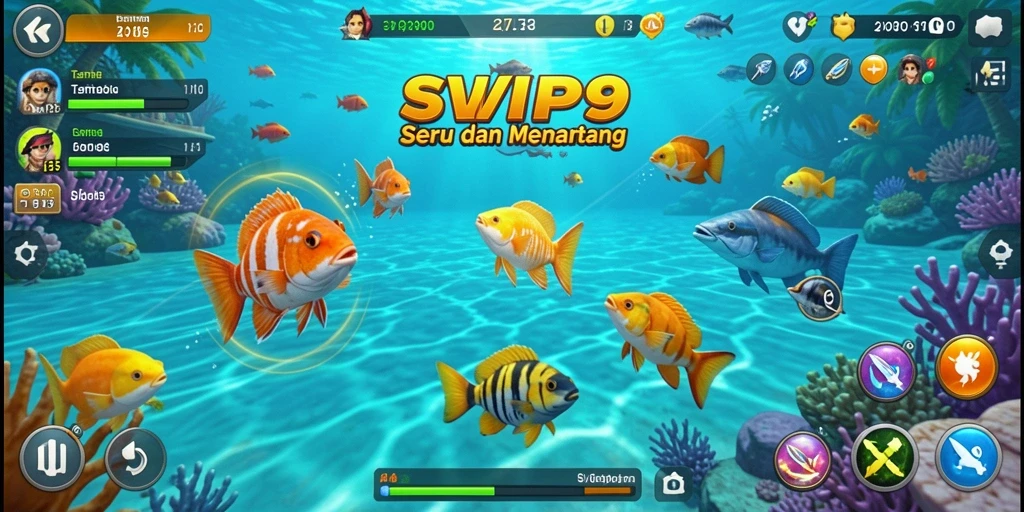 Screenshot gameplay SVIP9 dengan ikan dan senjata yang berwarna-warni.